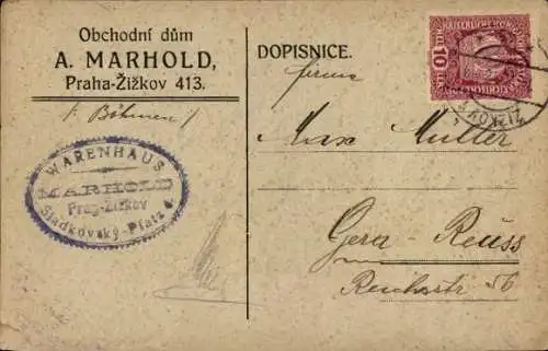 Ak Žižkov Zischkaberg Praha Prag, A. Marhold, Warenhaus Marhold, Stadkovsky Platz