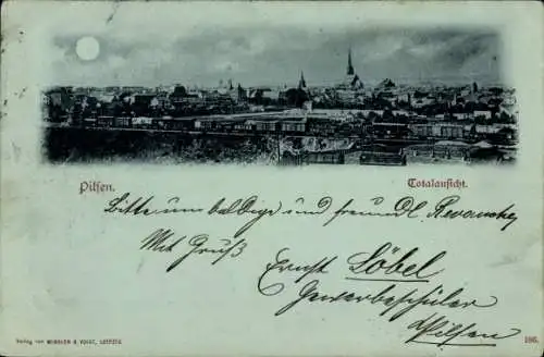 Mondschein Ak Plzeň Pilsen Stadt, Totalansicht