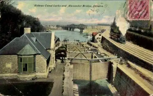 Ak Ottawa Ontario Kanada, Rideau Canal Locks und Alexander Bridge