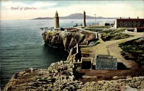Ak Gibraltar, Straße von Gibraltar, Leuchtturm, Steilklippen