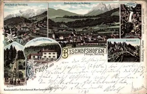 Litho Bischofshofen in Salzburg, Mühlbach mit Hochkönig, Gasthaus Mitterberg, Aufzug in Mühlbach