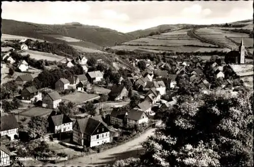 Ak Züschen Winterberg im Sauerland, Kirche, Fachwerkhäuser, Panorama vom Ort