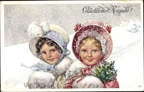 Künstler Ak Feiertag, Karl, Glückwunsch Neujahr, Mädchen im Schneefall
