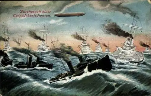 Ak Durchbruch einer Torpedobootsdivision, Kriegsschiffe, Zeppelin, Kaiserliche Marine