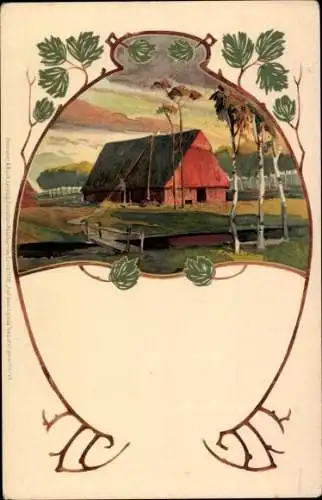 Jugendstil Litho Landschaft mit Bauernhaus, Brunnen