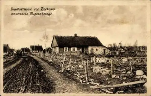 Ak Borkowo Borkau Ostpreußen, Drahtverhaue, Deutsche Truppen, I. WK