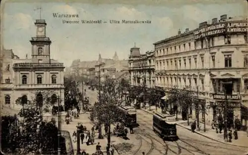 Ak Warszawa Warschau Polen, Marschallkowskastraße, Wiener Bahnhof, Geschäftshäuser, Straßenbahn