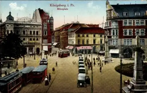 Ak Kaliningrad Königsberg Ostpreußen, Münzplatz, Denkmal, Straßenbahnen