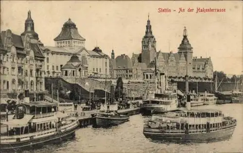 Ak Szczecin Stettin Pommern, Hakenterrasse, Dampfer