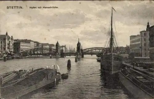 Ak Szczecin Stettin Pommern, Hafen, Hansabrücke