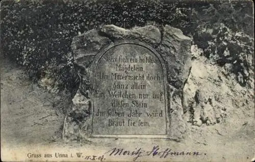 Ak Unna im Ruhrgebiet, Stein im Kurpark mit Inschrift