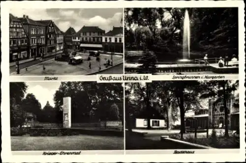Ak Unna in Westfalen, Marktplatz, Kriegerdenkmal, Badehaus, Kurgarten, Springbrunnen