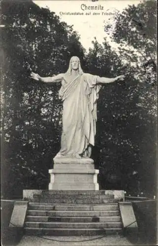 Ak Chemnitz in Sachsen, Christusstatue auf dem Friedhof