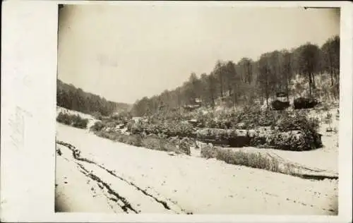 Foto Ak Winterlandschaft, Absender Fahrer Fritz Hopf, 8. Bayr. Feld.-Art.-Rgt. 4. Abteilung, I WK