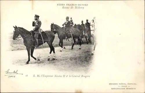 Ak Fêtes Franco Russes de 1901, Revue de Betheny, Nicolas II, General Brugere