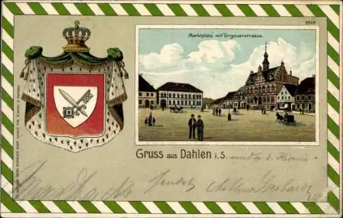 Wappen Passepartout Litho Dahlen in Sachsen,  Marktplatz, Torgauer Straße