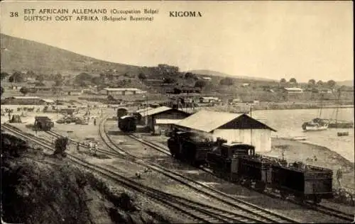 Ganzsachen Ak Kigoma Tansania Deutsch Ostafrika, Unter belgischer Besatzung, Bahnhof