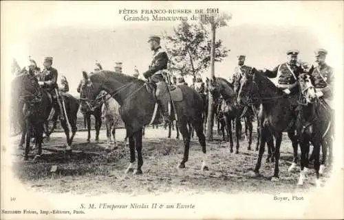 Ak Fêtes Franco Russes de 1901, Grandes Manoeuvres de l'Est, Nicolas II, Escorte