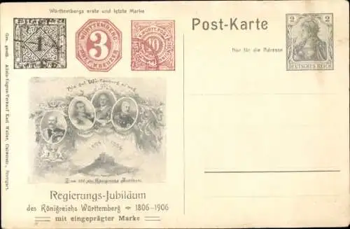 Ganzsachen Briefmarken Ak Württemberg, Regierungsjubiläum 1806-1906, erste und letzte Marke