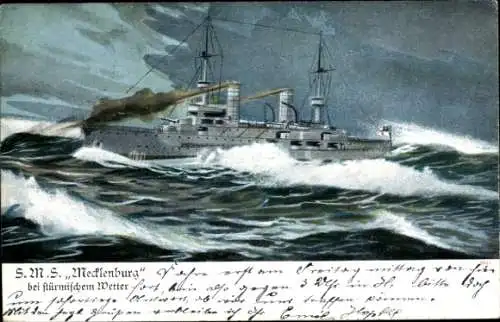 Ak Deutsches Kriegsschiff, SMS Mecklenburg bei stürmischem Wetter, Kaiserliche Marine