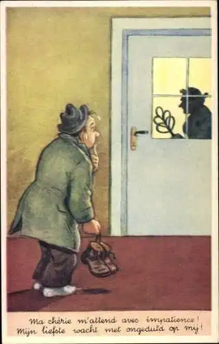 Künstler Ak Scheuermann, Willi, ? Ehefrau wartet mit Teppichklopfer auf den Mann