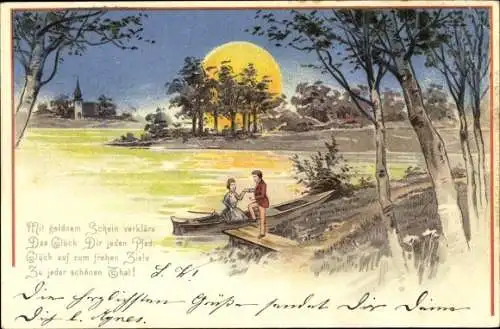 Mondschein Litho Liebespaar im Ruderboot