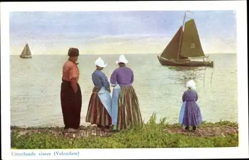 Ak Volendam Nordholland Niederlande, Volendamer Tracht, Segelboot