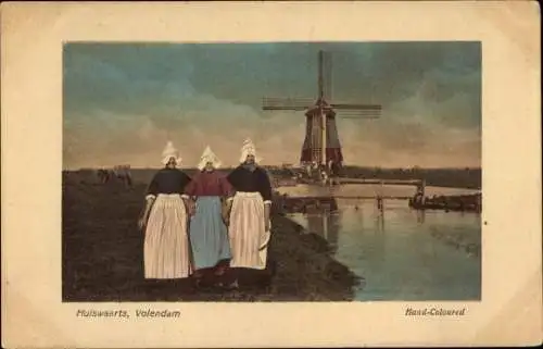 Ak Volendam Nordholland Niederlande, Volendamer Tracht, Huiswaarts, Windmühle