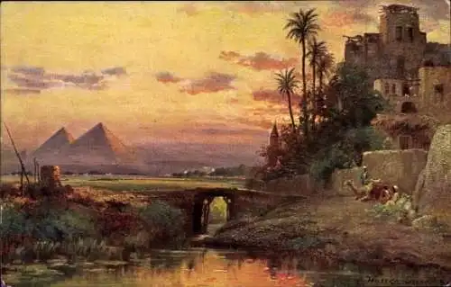 Künstler Ak Wuttke, C., Gizeh Ägypten, Pyramiden, Abendstimmung, Fellachendorf