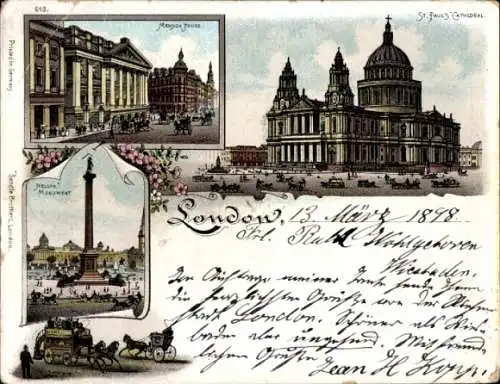 Litho London City England, St. Paul's Cathedral, Nelson Monument