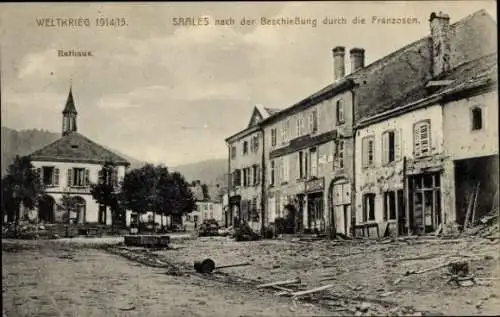 Ak Saales Saal Elsass Bas Rhin, Rathaus, bombardierte Häuser