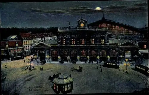 Mondschein Ak Lille Nord, Bahnhof bei Nacht