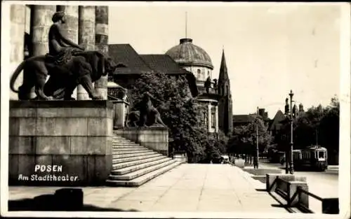 Ak Poznań Posen, Am Stadttheater, Straßenbahn
