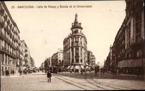 Ak Barcelona Katalonien Spanien, Calle de Pelayo y Ronda de la Universidad