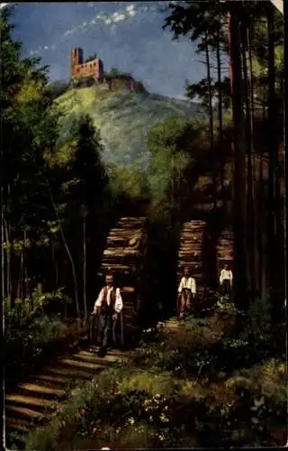 Künstler Ak Hoffmann, H., Andlau Elsass Bas Rhin, Holzschlitter bei der Ruine Spesburg