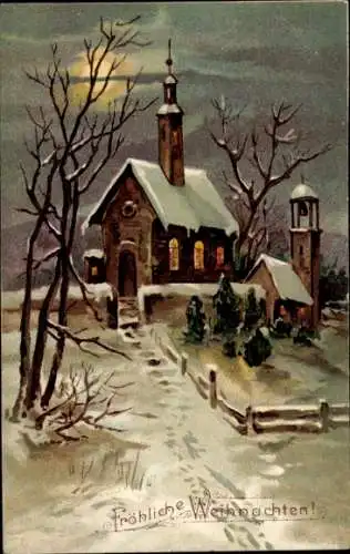 Glückwunsch Litho Fröhliche Weihnachten, Kapelle im Mondenschein, Winteridyll