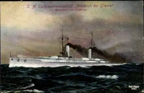 Ak Deutsches Kriegsschiff, SMS Friedrich der Große, Turbinenlinienschiff, Haffkrug, Meilenfahrt