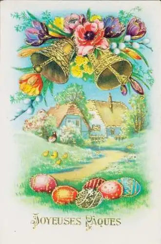 Präge Ak Glückwunsch Ostern, Ostereier, Glocken, Blumen