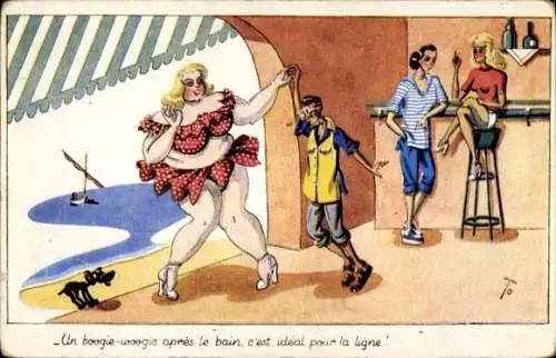 Künstler Ak Dicke Frau im Bikini tanzt mit dünnem Mann, Boogie-Woogie