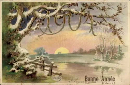Präge Litho Glückwunsch Neujahr, Jahreszahl 1904, Sonnenaufgang