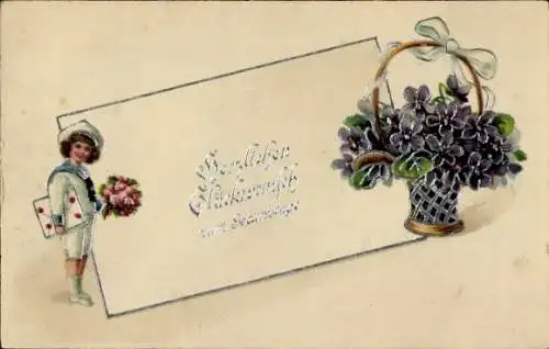 Präge Ak Glückwunsch Geburtstag, Junge im Matrosenanzug, Korb mit Blumen