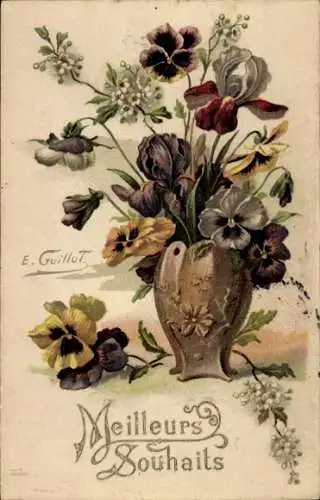 Künstler Ak Guillot, E., Blumenvase mit Stiefmütterchen und Iris