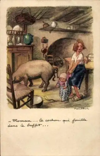 Künstler Ak Poulbot, Francisque, Ligue Nationale contre le Taudis, Kinder und Schwein in einer Küche
