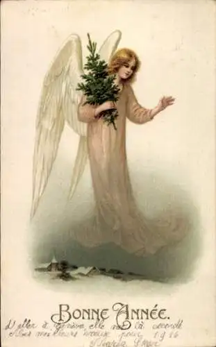 Ak Glückwunsch Neujahr, Engel mit einem Tannenbaum