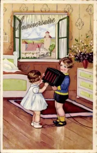 Ak Glückwunsch, Junge trägt ein Radio