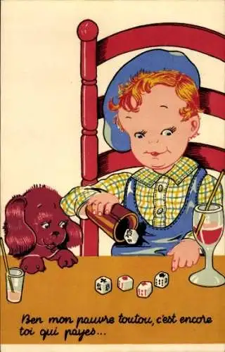 Künstler Ak Junge mit einem Würfelbecher, Hund