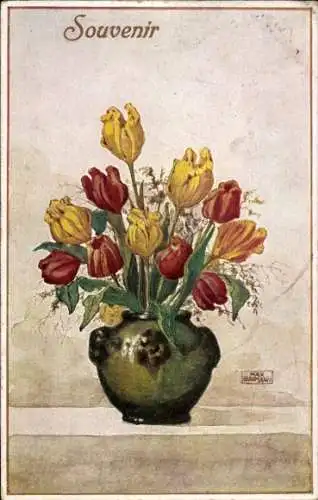 Künstler Ak Baumann, Max, Blumen in Vasen, Tulpen
