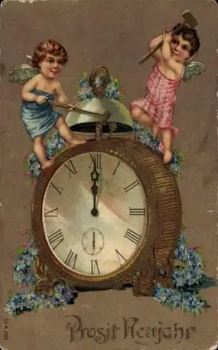 Präge Litho Glückwunsch Neujahr, Engel auf einer Uhr, Vergissmeinnichtblüten