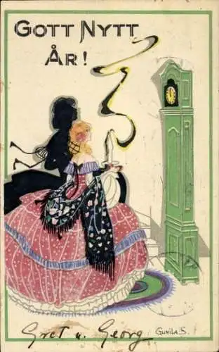 Künstler Ak Gunila, Glückwunsch Neujahr, Elegante Dame, Standuhr