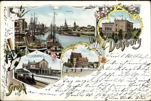 Mondschein Litho Duisburg im Ruhrgebiet, Hafen, Zentralbahnhof, Töchterschule, Realgymnasium